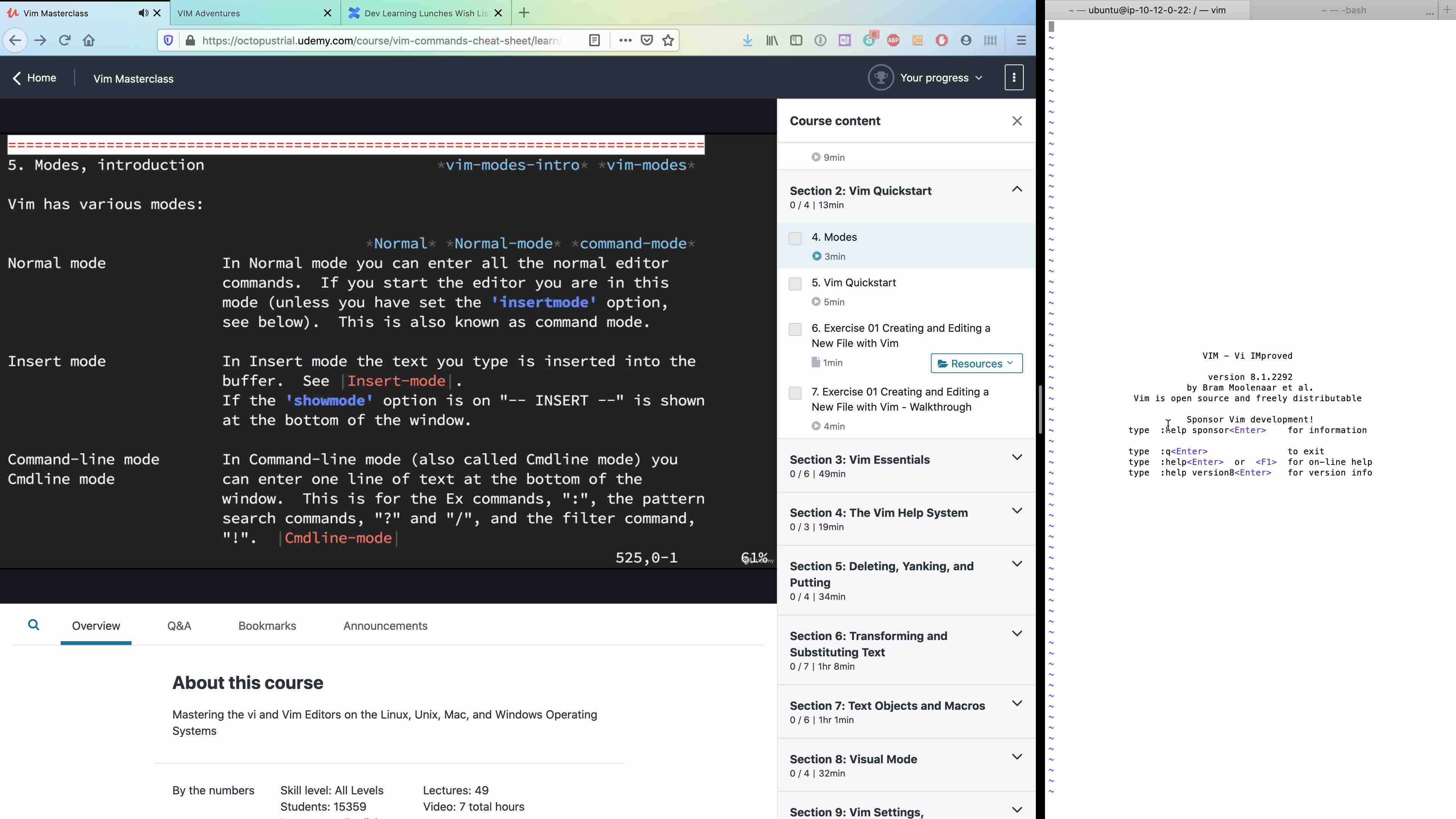 Following along remotely to our Vim Udemy course on Rhymes's machine