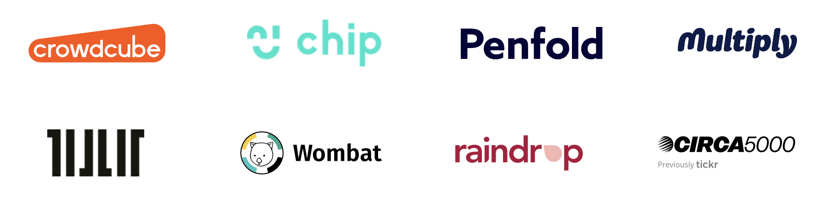 Crowdcube, Chip, Penfold, Multiply, Tillit, Wombat, Raindrop and CIRCA5000 logos
