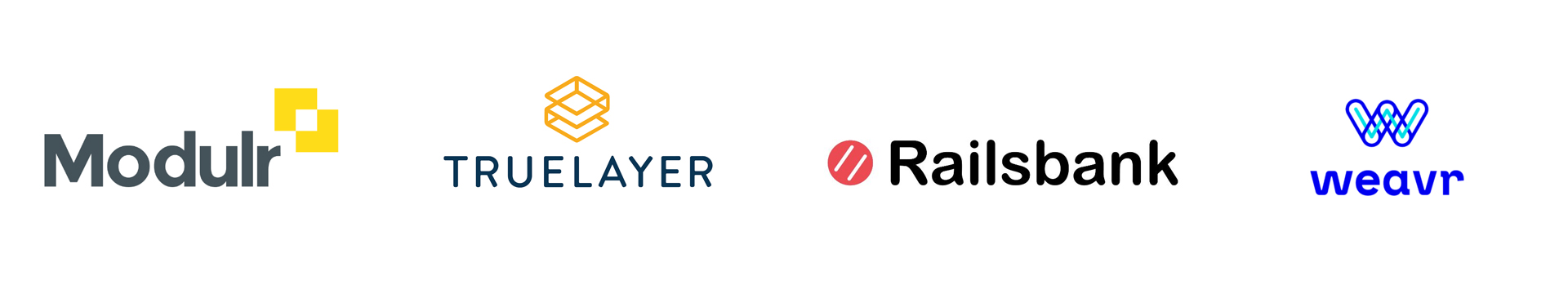 Modulr, TrueLayer, Railsbank and Weavr logos