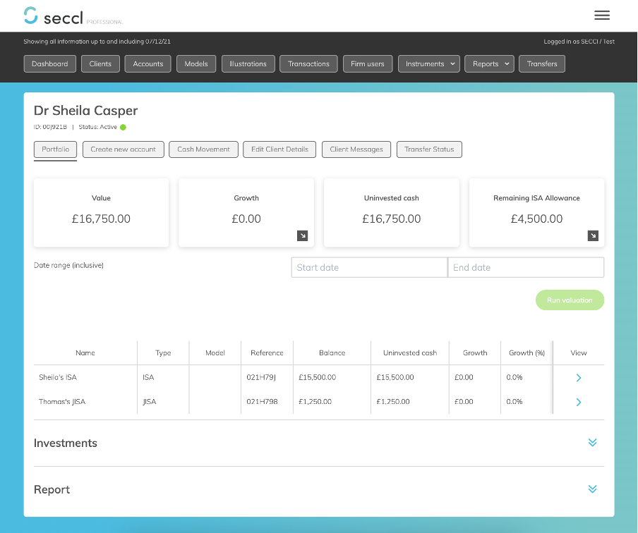 Client portfolio screen – including linked JISAs