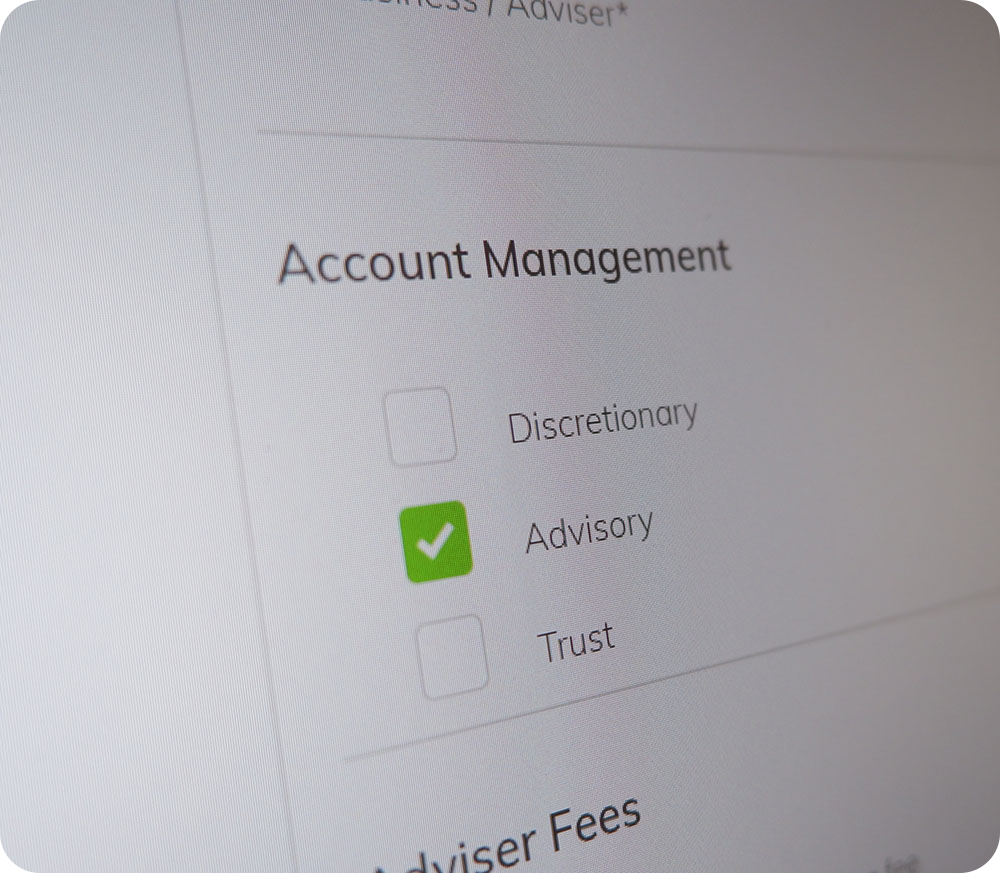Screenshot of form where 'Advisory' is ticked under the heading 'Account Management'