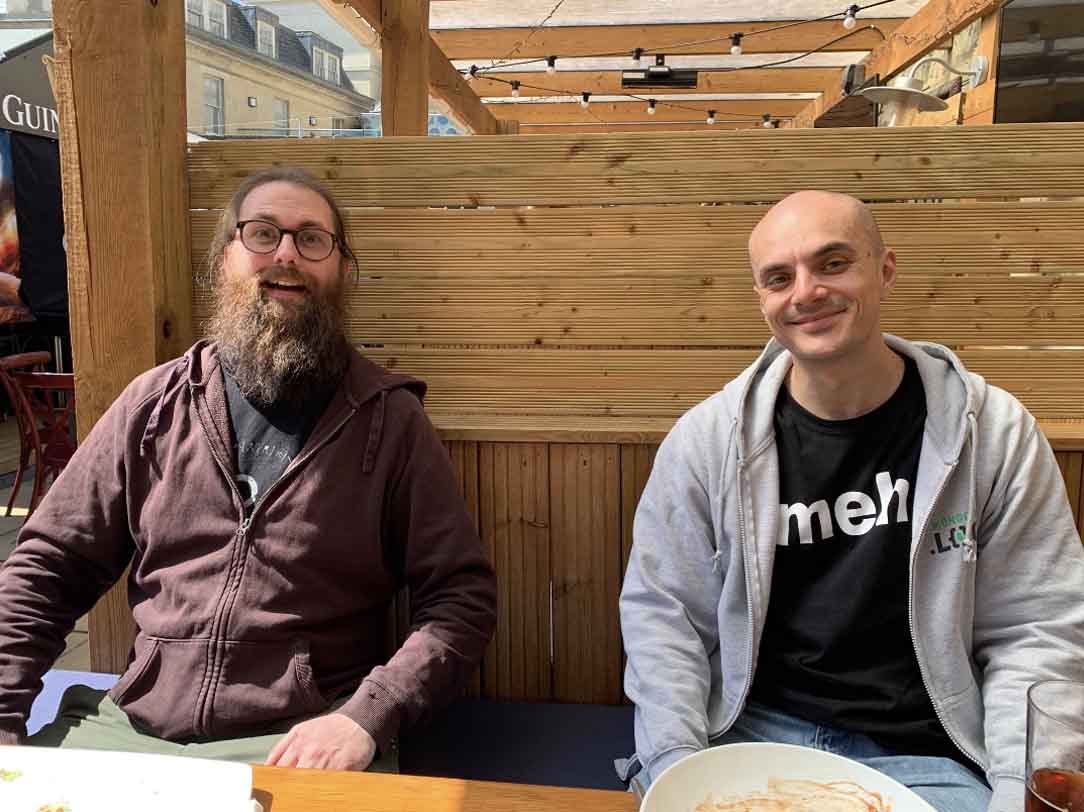 Sam R and Petar from the engineering team eating al fresco!