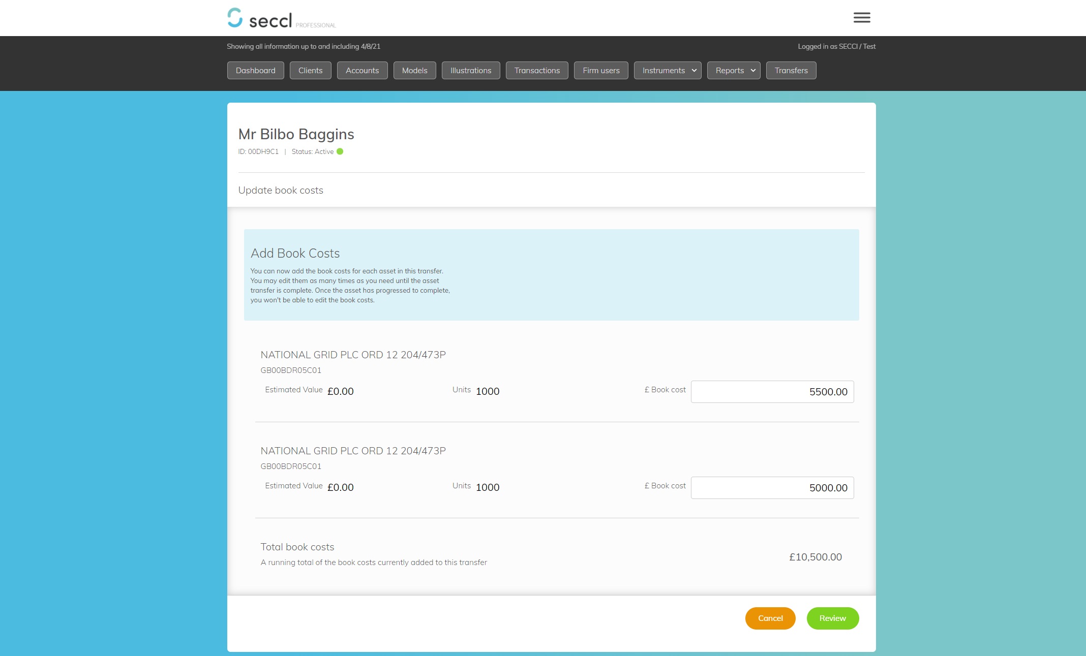 A screenshot of the Seccl system updating book costs