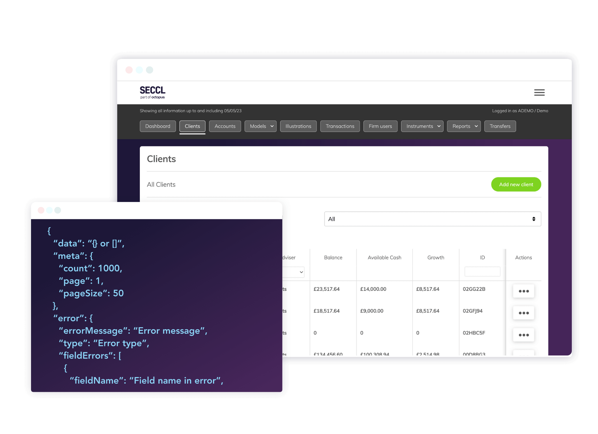 Screenshot of the Seccl platform with API code